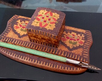 Antique inkwell, Vintage ink pot, vintage inkwell, vintage ink stand, pyrographed, wooden, Bulgaria,birthday gift