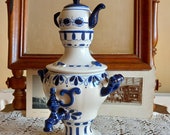 Vintage Porcelain, Gzhel, Gzhel set, Tea urn, Samovar, Soviet, USSR, Russian, home decoration