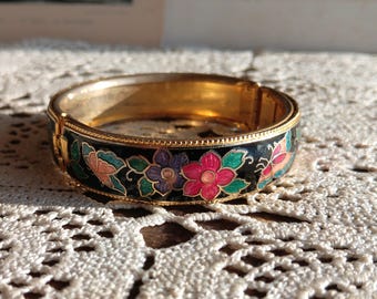 Vintage bracelet,  Vintage Cloisonné,  Enamel bracelet, Butterfly, Floral, Hinged Bracelet, birthday gift