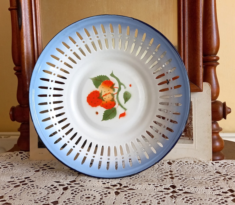 Vintage Enamel Colander Plate, Fruit Bowl, Bulgarian Farmhouse Decor ...