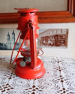Vintage Winged Wheel Lantern, Red Kerosene Oil Lamp, Made in Japan