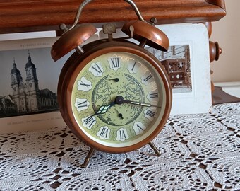 Vintage alarm clock, Jerger, Germany, copper, wind up clock, mechanical, home decoration, vintage gift