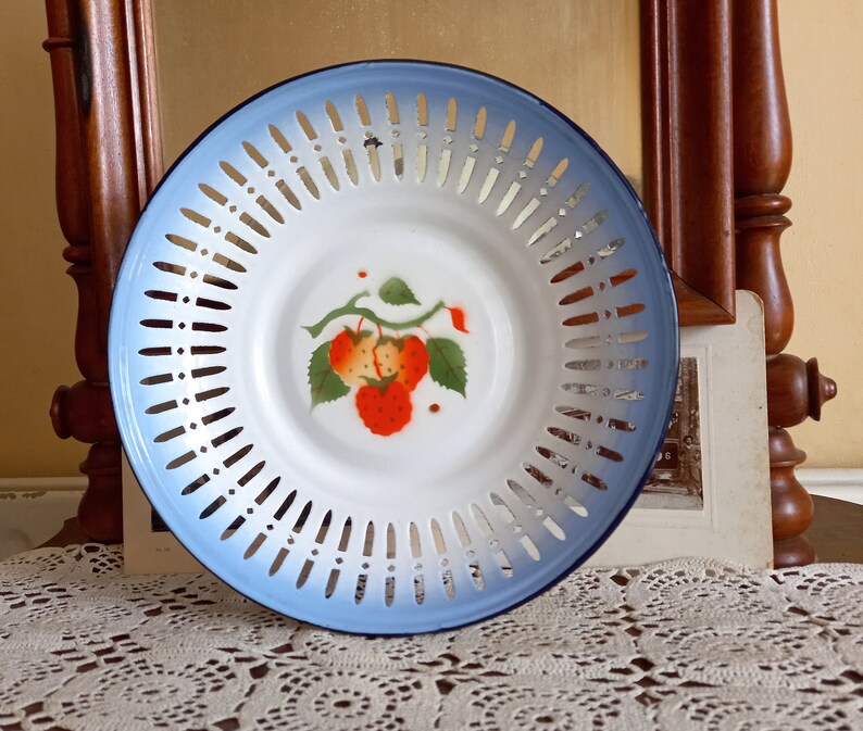 Vintage Enamel Colander Plate, Fruit Bowl, Bulgarian Farmhouse Decor ...