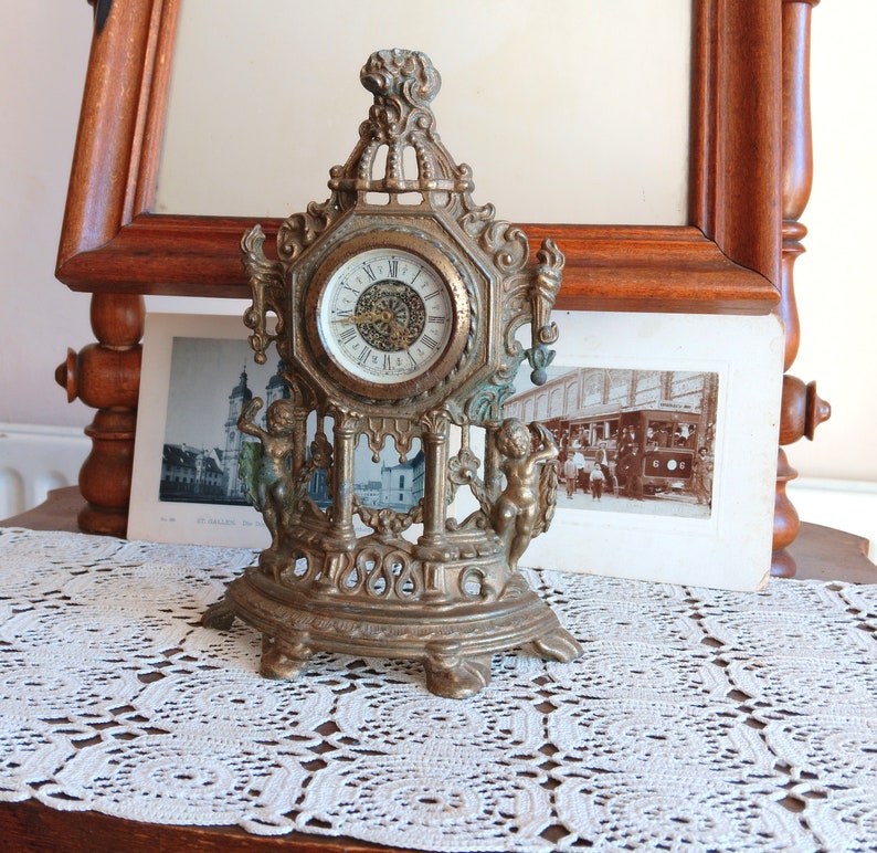 Vintage Desk Clock, Mantel Clock, Shelf Clock, Baroque Style, Brass