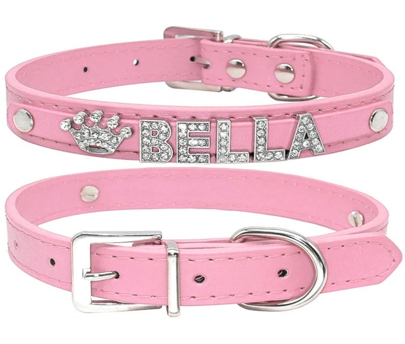 Personalised Vegan Leather Dog Or Cat Collar With Rhinestone Bling Name Charms