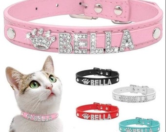 Personalised Pet Collar Name Dog Cat Rhinestone Bling Custom PU Leather UK Personalised Pet Collar Name Dog Cat Rhinestone Bling Custom PU Leather UK