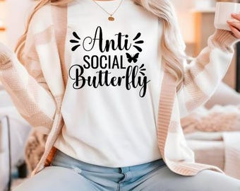 Anti Social Butterfly T-Shirt | Funny Graphic Tee | Introvert Humour Shirt | Bookish Tee | Cute book Gift | Bookworm Tee | Selfcare Shirt