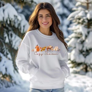 Cozy Autumn Sweatshirt | Autumn Leaves Coffee Books Fall Outfit | Cute Fuzzy Socks Scarf Graphic Pullover | Fall Aesthetic Sweater