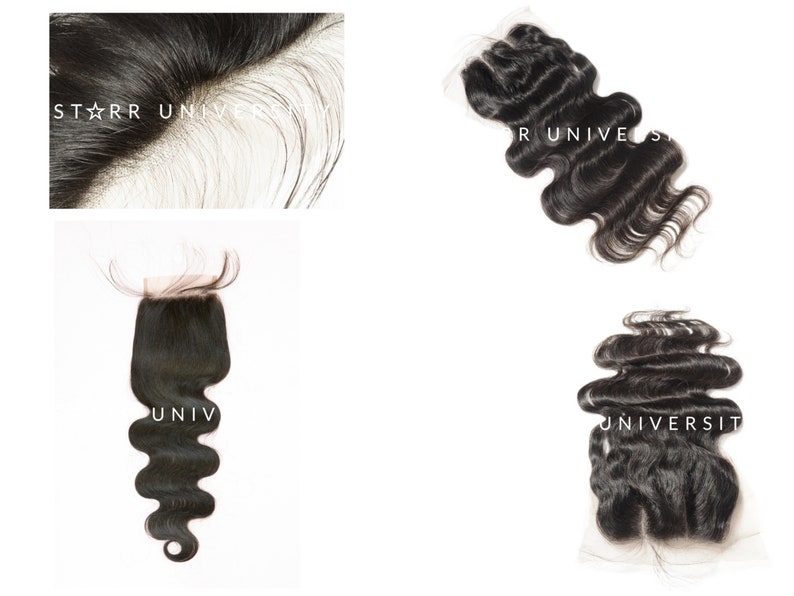 May include: Four bundles of dark brown human hair extensions. The hair is wavy and appears to be of high quality. The text "STARR UNIVERSITY" and "UNIV" are visible on the hair bundles.