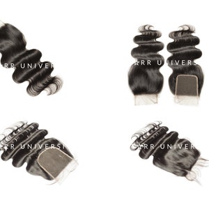 May include: Four bundles of wavy black hair extensions. Each bundle has a square closure at the top. The text "RR UNIVER" is printed on the hair. The hair is styled in loose waves.