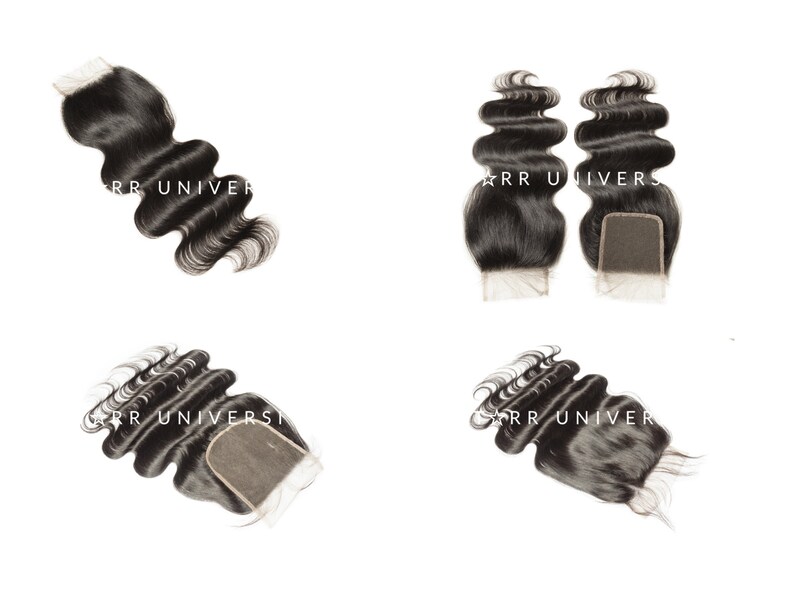 May include: Four bundles of wavy black hair extensions. Each bundle has a square closure at the top. The text "RR UNIVER" is printed on the hair. The hair is styled in loose waves.