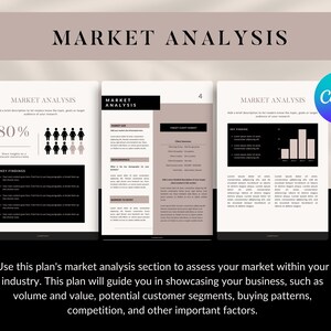 May include: A digital marketing analysis template with the title "MARKET ANALYSIS" at the top. The template includes charts, graphs, and text boxes with the Canva logo in the corner. The text reads "Use this plan's market analysis section to assess your market within your industry."