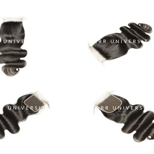 May include: Four bundles of wavy black hair extensions with a lace closure. The text "UNIVERSE" and "RR UNIVERSE" is printed on the lace closure. The hair is styled in loose waves, and the lace closure is square.