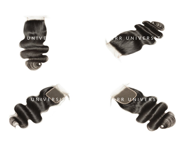 May include: Four bundles of wavy black hair extensions with a lace closure. The text "UNIVERSE" and "RR UNIVERSE" is printed on the lace closure. The hair is styled in loose waves, and the lace closure is square.