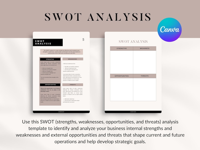 May include: A digital SWOT analysis template with the text "SWOT ANALYSIS" at the top. The template is on a white background with a Canva logo. The template includes sections for strengths, weaknesses, opportunities, and threats.
