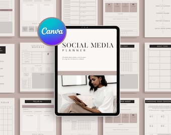 May include: A collection of social media planner templates in a neutral color palette. The central image is a tablet displaying a "Social Media Planner" with a woman using it. Surrounding the tablet are various planning pages, including calendars and task lists. The Canva logo is visible.