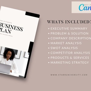 May include: A business plan template with the text "THE ULTIMATE BUSINESS PLAN" and "FOR SMALL BUSINESS OWNERS." The image includes a list of included sections, such as Executive Summary and Market Analysis. The Canva logo is in the upper right corner.