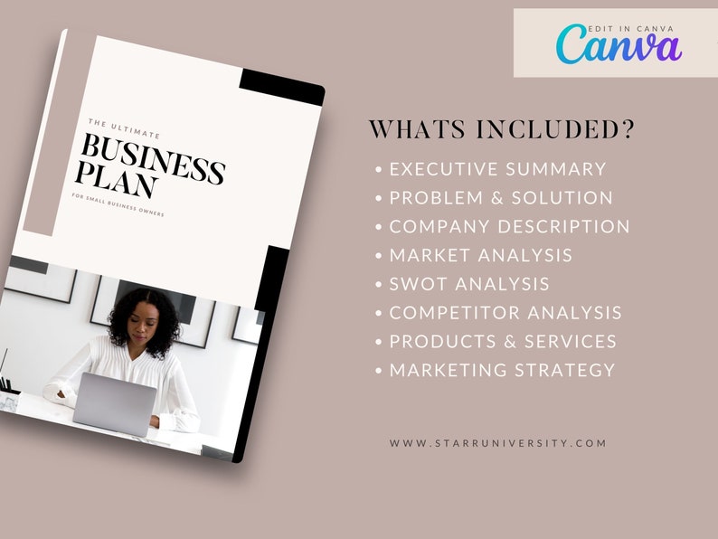 May include: A business plan template with the text "THE ULTIMATE BUSINESS PLAN" and "FOR SMALL BUSINESS OWNERS." The image includes a list of included sections, such as Executive Summary and Market Analysis. The Canva logo is in the upper right corner.
