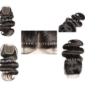 May include: A collection of black wavy hair bundles and closures. The hair is styled in loose waves. The closures have a lace base. The text "STARR UNIVERSITY" is visible on the hair bundles.