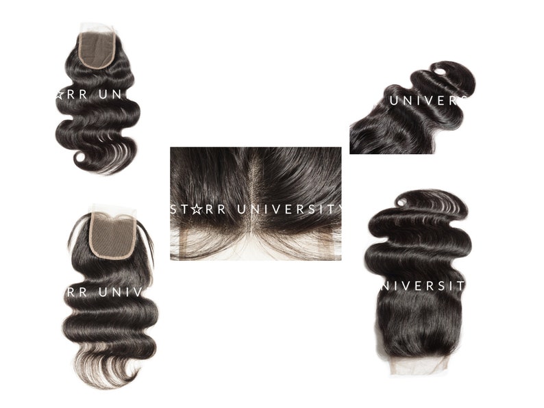 May include: A collection of black wavy hair bundles and closures. The hair is styled in loose waves. The closures have a lace base. The text "STARR UNIVERSITY" is visible on the hair bundles.