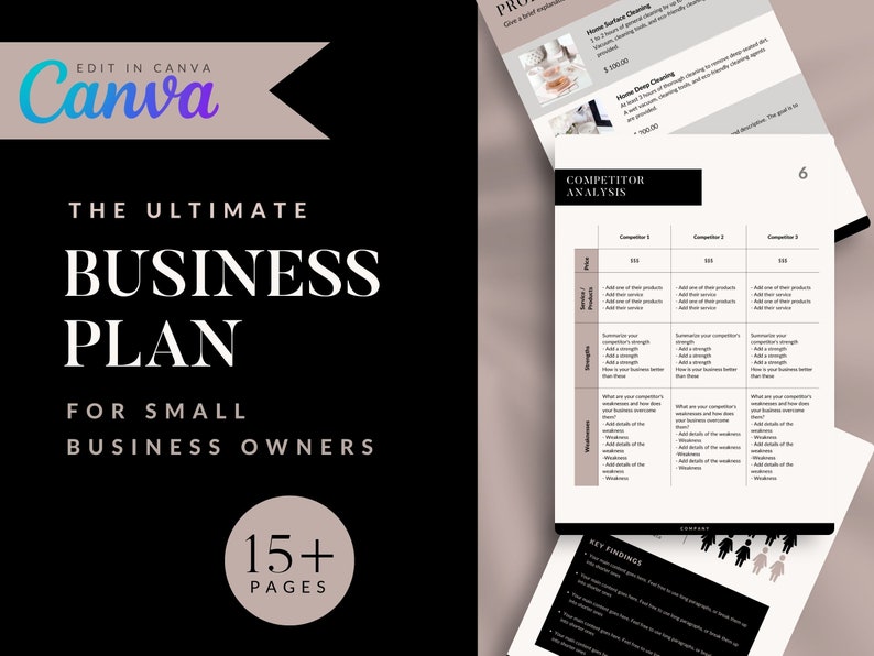 May include: A business plan template for small business owners. The cover features the text "The Ultimate Business Plan for Small Business Owners" with the Canva logo. The plan includes 15+ pages and a competitor analysis.