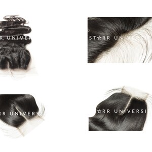 May include: A collection of black human hair lace closures and bundles. The text "RR UNIVERSI" and "STARR UNIVERSI" is visible on the images. The hair appears to be wavy and natural looking.