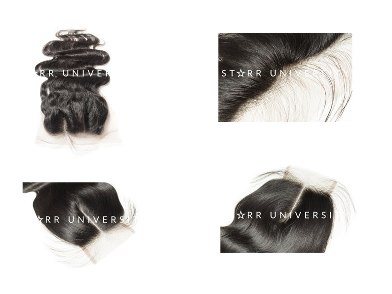 May include: A collection of black human hair lace closures and bundles. The text "RR UNIVERSI" and "STARR UNIVERSI" is visible on the images. The hair appears to be wavy and natural looking.