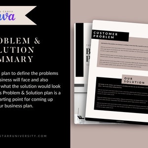 May include: A business plan template titled "Problem & Solution Summary" with the Canva logo. The document includes sections for defining business problems and solutions. Text includes "Use this plan to define the problems your business will face."