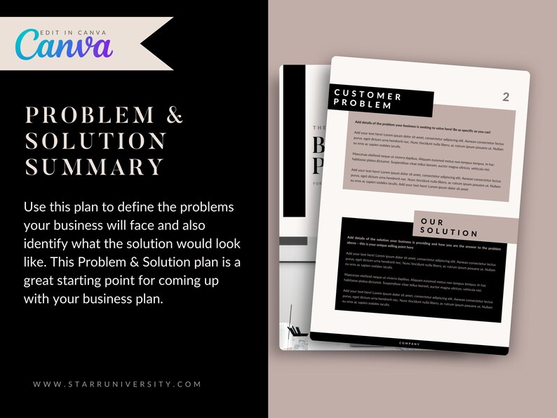 May include: A business plan template titled "Problem & Solution Summary" with the Canva logo. The document includes sections for defining business problems and solutions. Text includes "Use this plan to define the problems your business will face."