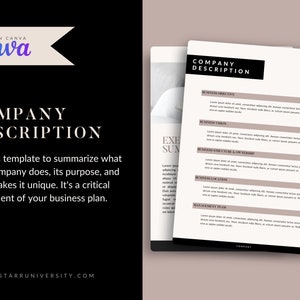 May include: A template for a company description, with the text "COMPANY DESCRIPTION" in large, bold letters. The template includes sections for business objectives, vision, structure, location, and management team. The Canva logo is in the upper left corner.