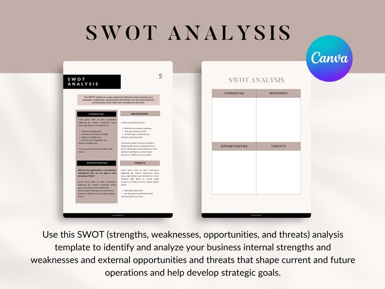 May include: Two-page SWOT analysis template with the title "SWOT ANALYSIS" at the top. The left page is a filled-in template, and the right page is blank. The Canva logo is in the upper right corner. The template is designed to identify and analyze business strengths, weaknesses, opportunities, and threats.