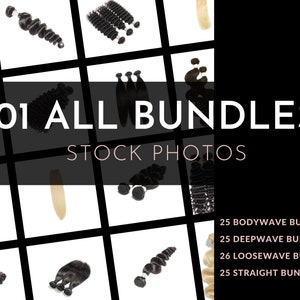 May include: A grid of various hair bundles, including body wave, deep wave, loose wave, and straight styles. The image features 101 bundles in total, with a breakdown of each style. The text "101 ALL BUNDLES STOCK PHOTOS" is displayed prominently.