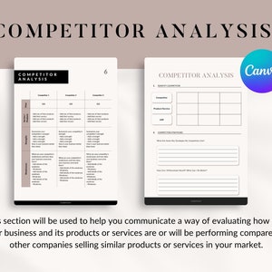 May include: Two-page document titled "COMPETITOR ANALYSIS" with a Canva logo. The first page is a table for comparing competitors. The second page has sections for identifying competitors and competitor strategies. Text at the bottom explains the purpose of the analysis.