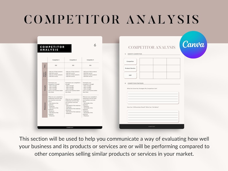 May include: Two-page document titled "COMPETITOR ANALYSIS" with a Canva logo. The first page is a table for comparing competitors. The second page has sections for identifying competitors and competitor strategies. Text at the bottom explains the purpose of the analysis.