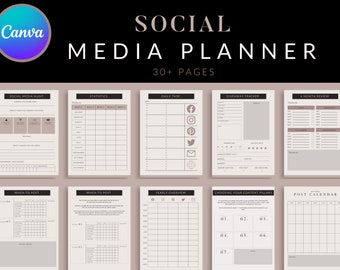 May include: A social media planner with 30+ pages, featuring a Canva logo. The planner includes sections for social media audits, statistics, daily tasks, giveaway tracking, and a 6-month review. Additional pages cover when to post, yearly overview, and content pillars.