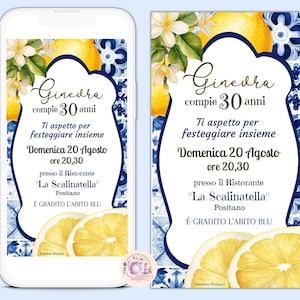 Digital invitation blue majolica invitation Amalfi coast birthday, social invitation, party kit, 30th birthday party, baptism, confirmation, 40th birthday.
