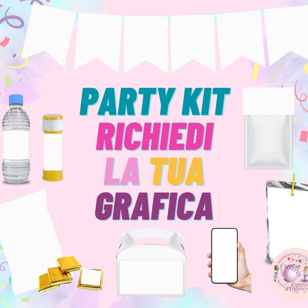 Componi il tuo Party Kit personalizzato. Decorazioni compleanno personalizzate. Festa bambini tema a scelta. Richiedi grafica Party Kit.