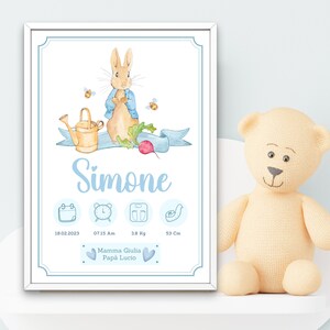 Quadretto Nascita Peter Rabbit, cornice ricordo nascita,  idea regalo nascita, battesimo, compleanno, decorazione arredamento camera neonato