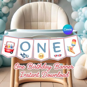 Pool Party ONE Banner – First Birthday Boy High Chair Decor – Smash Cake Printable Summer One Banner – Editable Canva Template