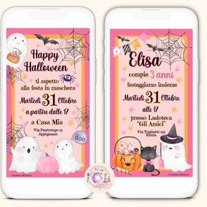 Digital invitation Halloween pink birthday girl, invitation whatsapp party kit decoration pink witch masked party, halloween party kit