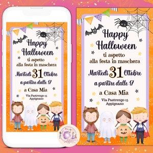 Children's Halloween digital invitation. Printable Halloween birthday invitation, whatsapp invitation, child masquerade party decoration, party kit