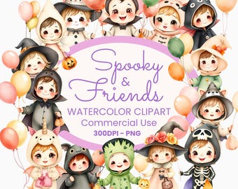 Clipart Bambini Halloween con costumi magici, animali, fantasmi, strega. Clipart Halloween kawaii per feste dolcetto o scherzetto.