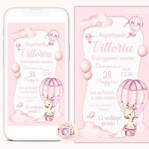 Digitale Einladung zur Taufe eines Mädchens mit Giraffe und rosa Heißluftballon, gesellschaftliche Einladung, Partyset, Babyparty, erste Geburtstagsparty