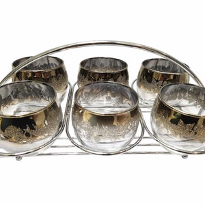 Dorothy Thorpe-stijl uit het midden van de eeuw Roly Poly Silver Fade-barset, lustreware-drankkar, MCM-drinkgerei, retro-bargerei