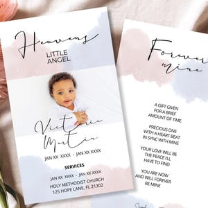 Tarjeta de oración para funeral de bebé editable con poema original – Memorial unisex rosa y azul – Plantilla imprimible de Canva