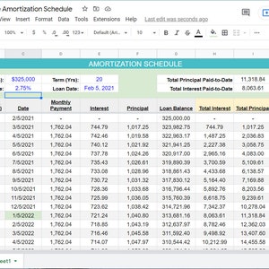 May include: A spreadsheet displaying a mortgage amortisation schedule with a loan amount of £325,000, a 2.75% interest rate, and a 20-year term. The spreadsheet shows the monthly payment, interest, principal, and loan balance for each month of the loan.