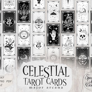 Celestial Tarot Karten SVG, einzigartiges Tarot Deck Major Arcana svg, mystische moderne Hexe, Basic Hexe Tarot svg, Mond, Sterne Sonne Clipart, Cricut