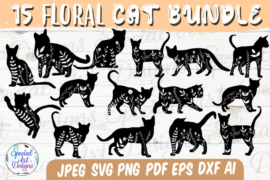 Floral Cat Svg Bundle | Floral Cat Silhouette Svg | Cat With Flower ...