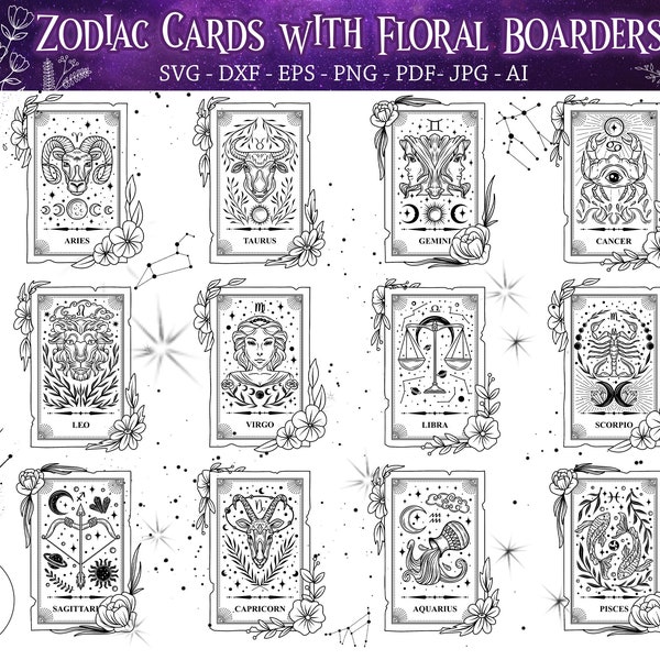 Zodiac Cards Svg | Zodiac sign Svg | Constellation zodiac Svg | Celestial svg | Mystical clipart | Tarot cards Svg | Witchy Svg | Eps | Dxf