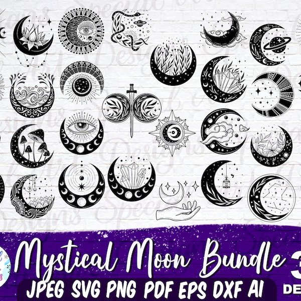 Mystical Moon Svg, Mystical Moon Clipart, Crystal Moon svg, Celestial Svg, Mystical Svg, Moon Phase, Svg Files for cricut, Commercial Use